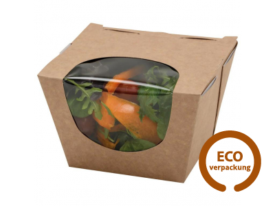 Bio Salatbox / für Süßgebäck mit PET Fenster braun 900 ml