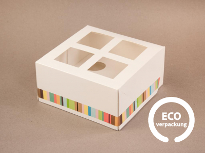 Bio-Papier-Box für 4 Stück Cupcake mit Einlage bunt 150 x 150 x 75 mm