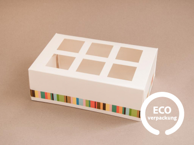 Bio-Papier-Box für 6 Stück Cupcake mit Einlage bunt 225 x 150 x 75 mm