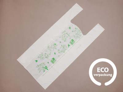 Bio-Tasche aus Miasstärke kompostierbar weiß 30+20 x 60 cm