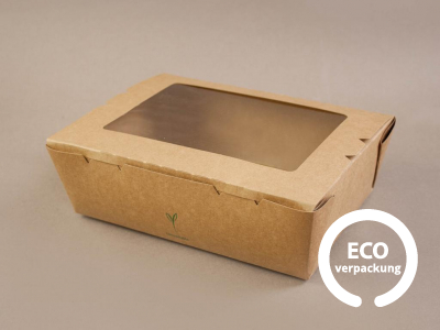 Bio Salatbox / für Süßgebäck mit PLA Fenster braun 