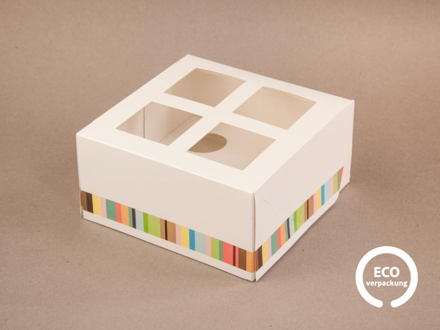 Bio-Papier-Box für 4 Stück Cupcake mit Einlage bunt 150 x 150 x 75 mm