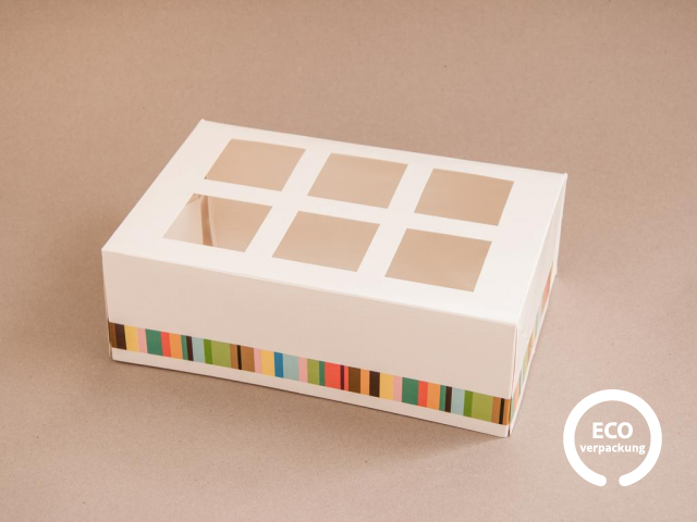 Bio-Papier-Box für 6 Stück Cupcake mit Einlage bunt 225 x 150 x 75 mm