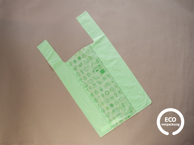 Bio-Tasche aus Zuckerrohr kompostierbar grün 27+16 x 50 cm